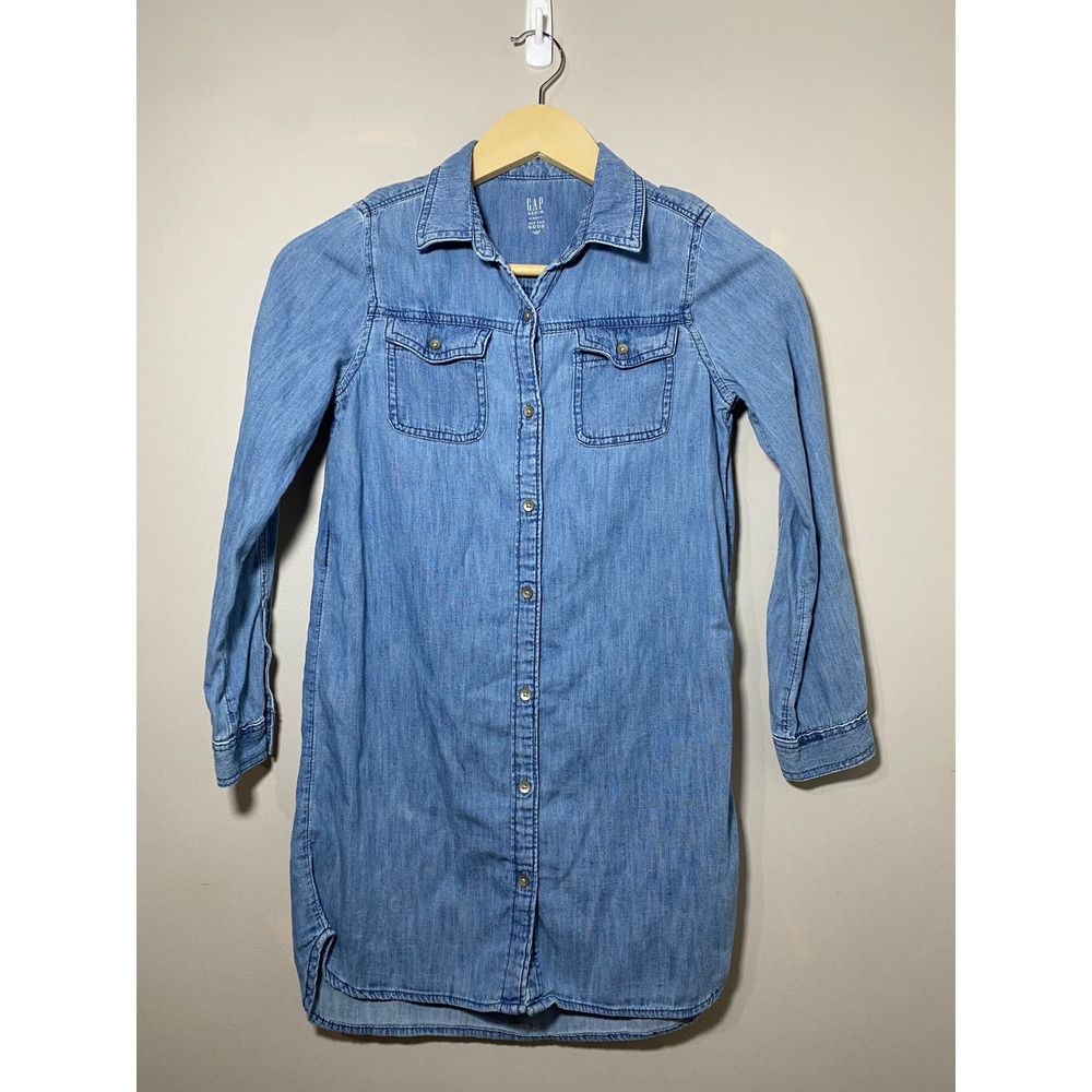 GAP Kids Denim Jean Shirt Dress‎ Long Sleeve Button Front Pockets Blue Sz MEDIUM